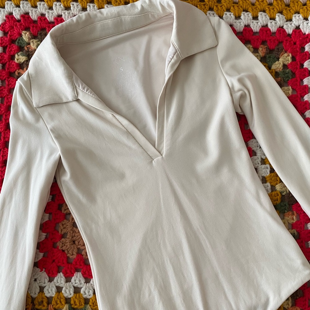 Klassy network cream long sleeve collared body suit